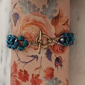 Vintage Brass Wire Woven Iridescent Green Faceted Beads Toggle Clasp